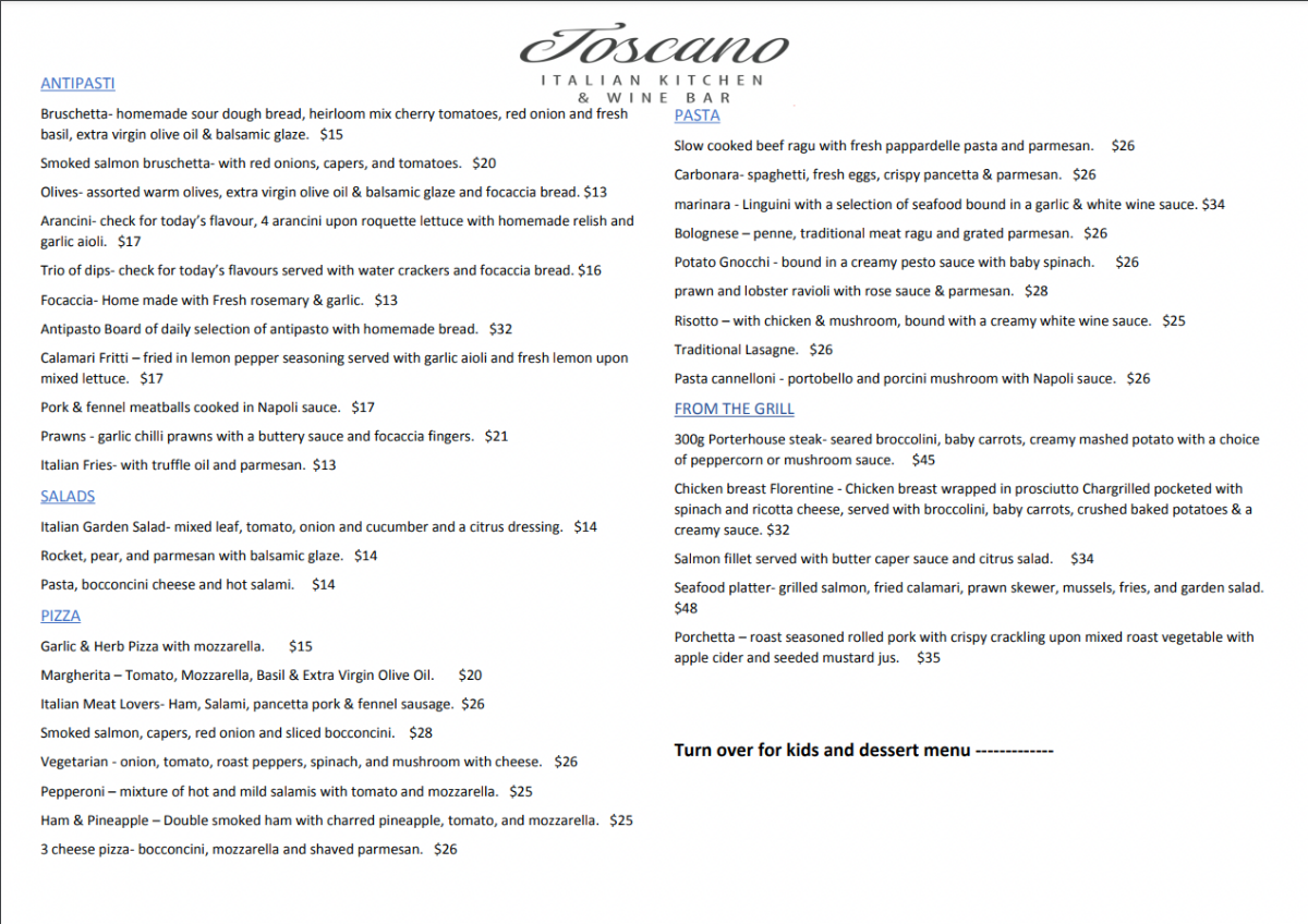 Menu, Toscano Italian Kitchen & Wine Bar