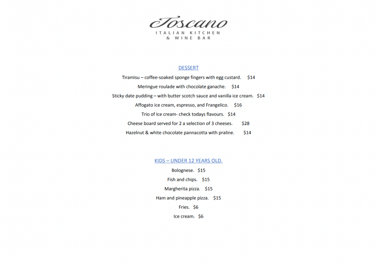 Menu, Toscano Italian Kitchen & Wine Bar