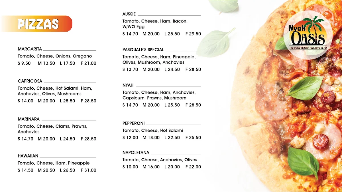 Menu, Nyah Oasis Roadhouse