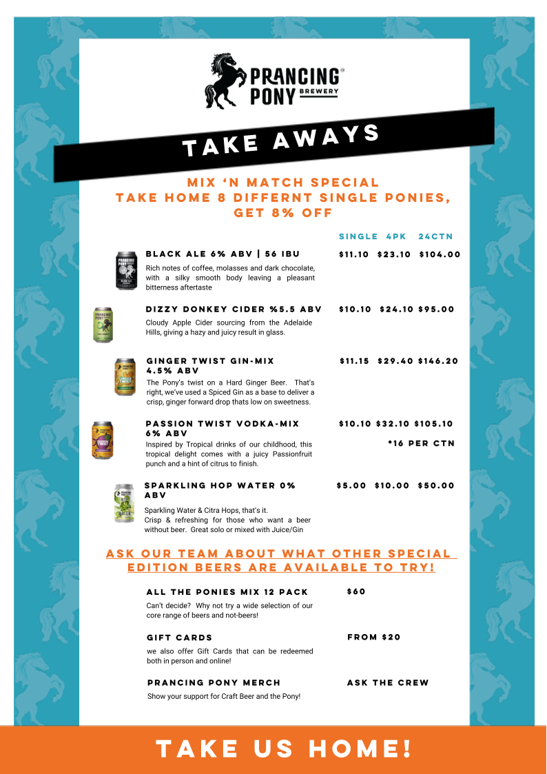 Menu, Prancing Pony Brewery