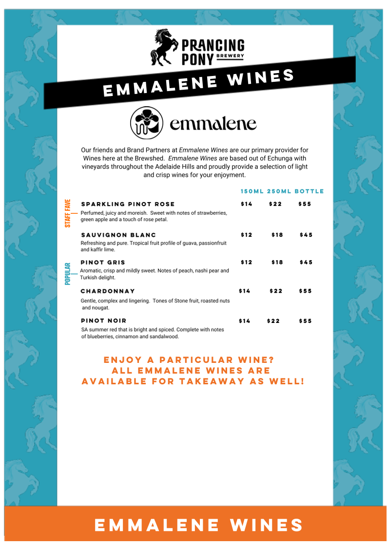 Menu, Prancing Pony Brewery