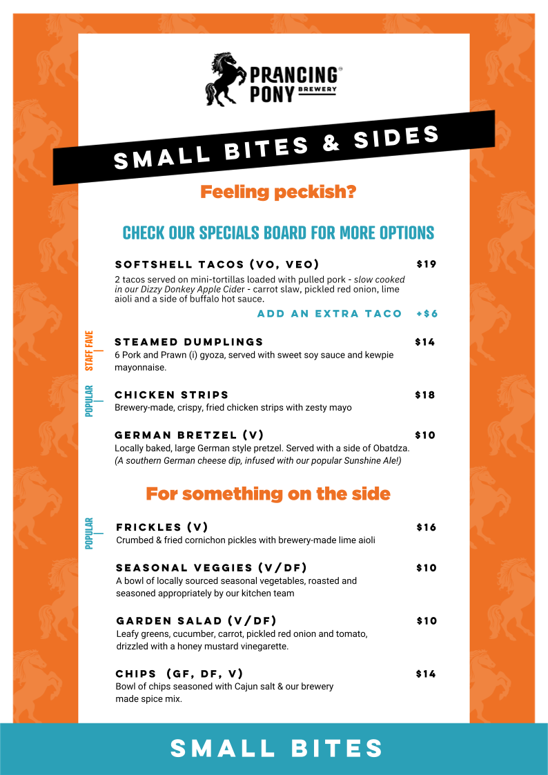 Menu, Prancing Pony Brewery
