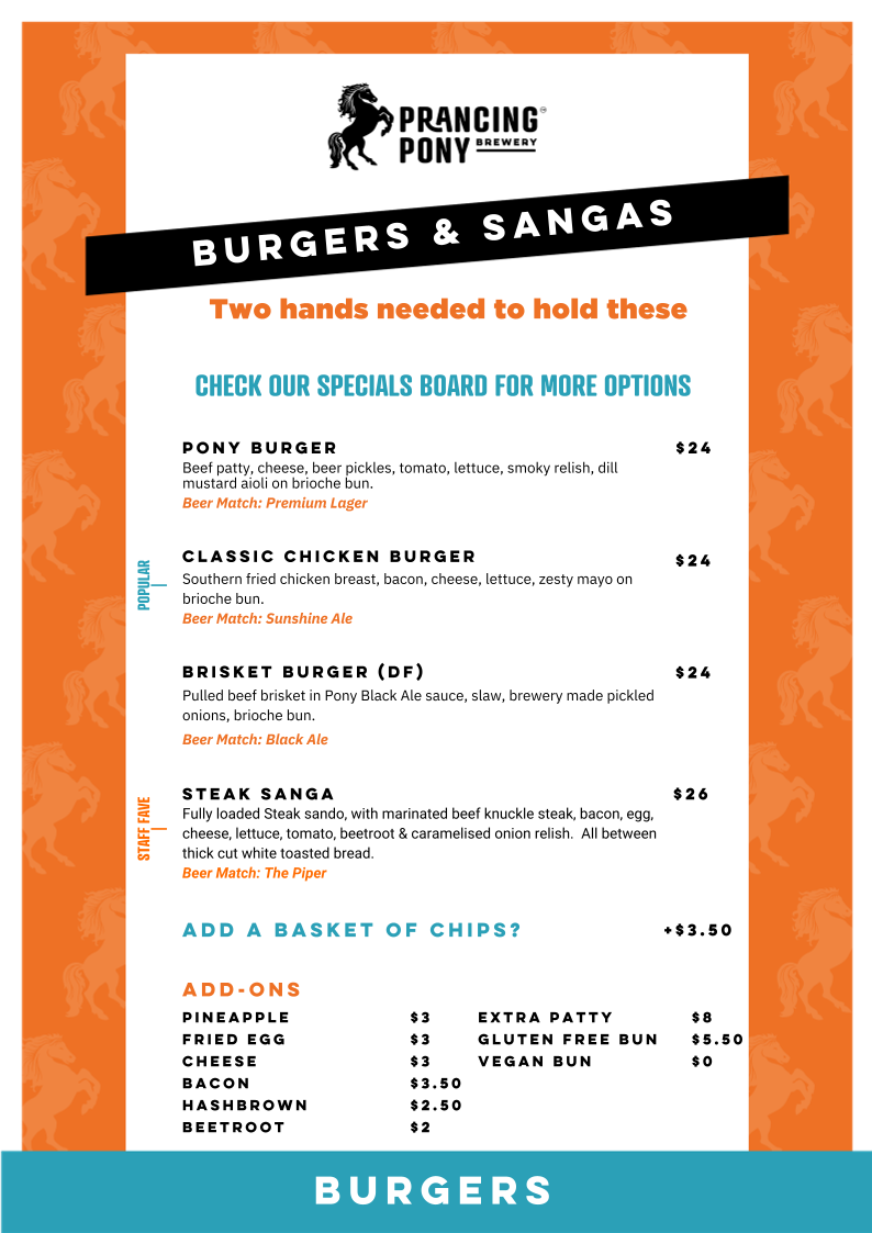 Menu, Prancing Pony Brewery