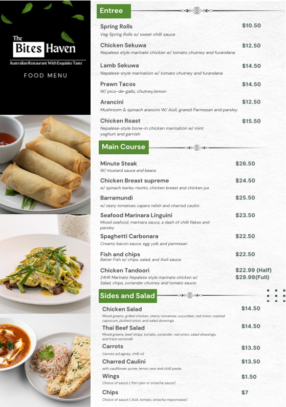 Menu, THE BITES HAVEN