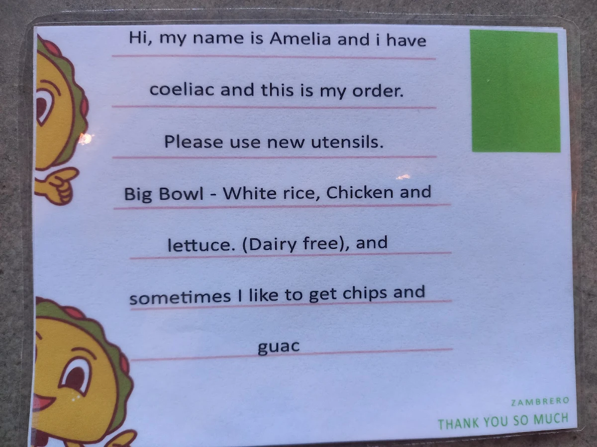 Menu, Zambrero Yamanto