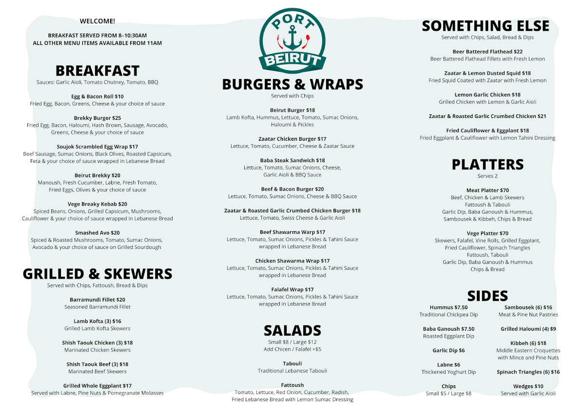 Menu, Port Beirut