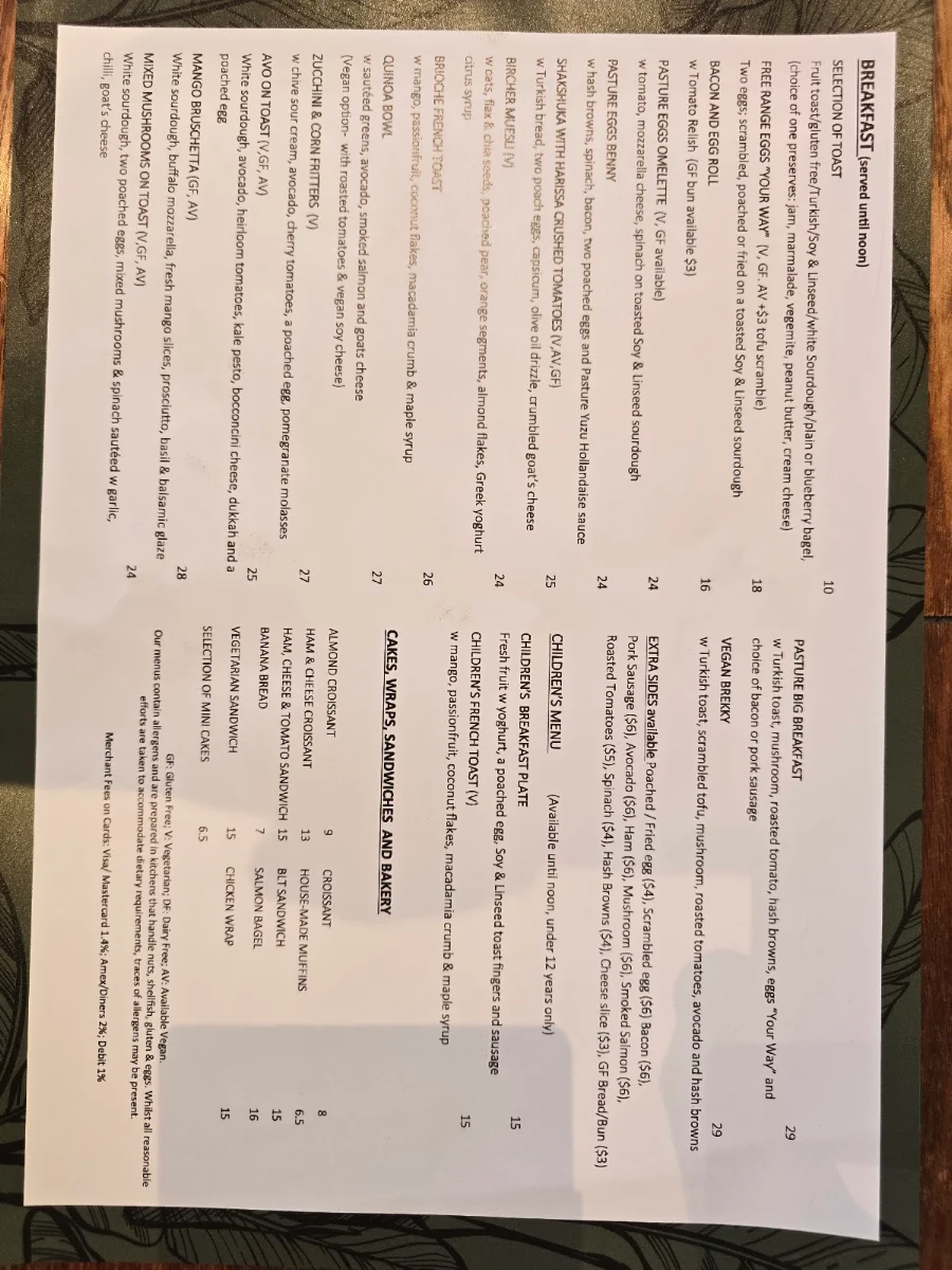 Menu, Pasture of Kirribilli