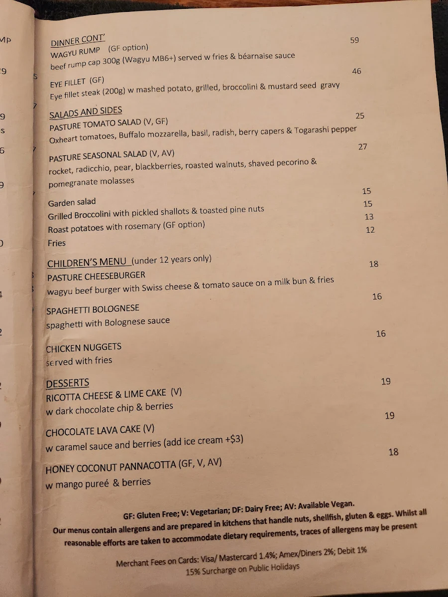 Menu, Pasture of Kirribilli