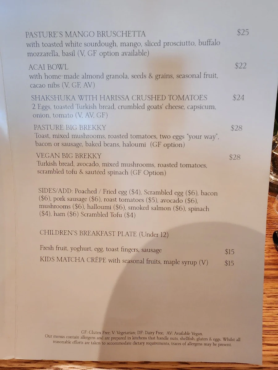 Menu, Pasture of Kirribilli