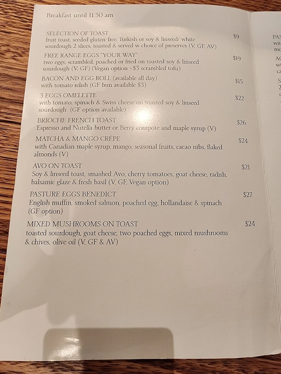 Menu, Pasture of Kirribilli