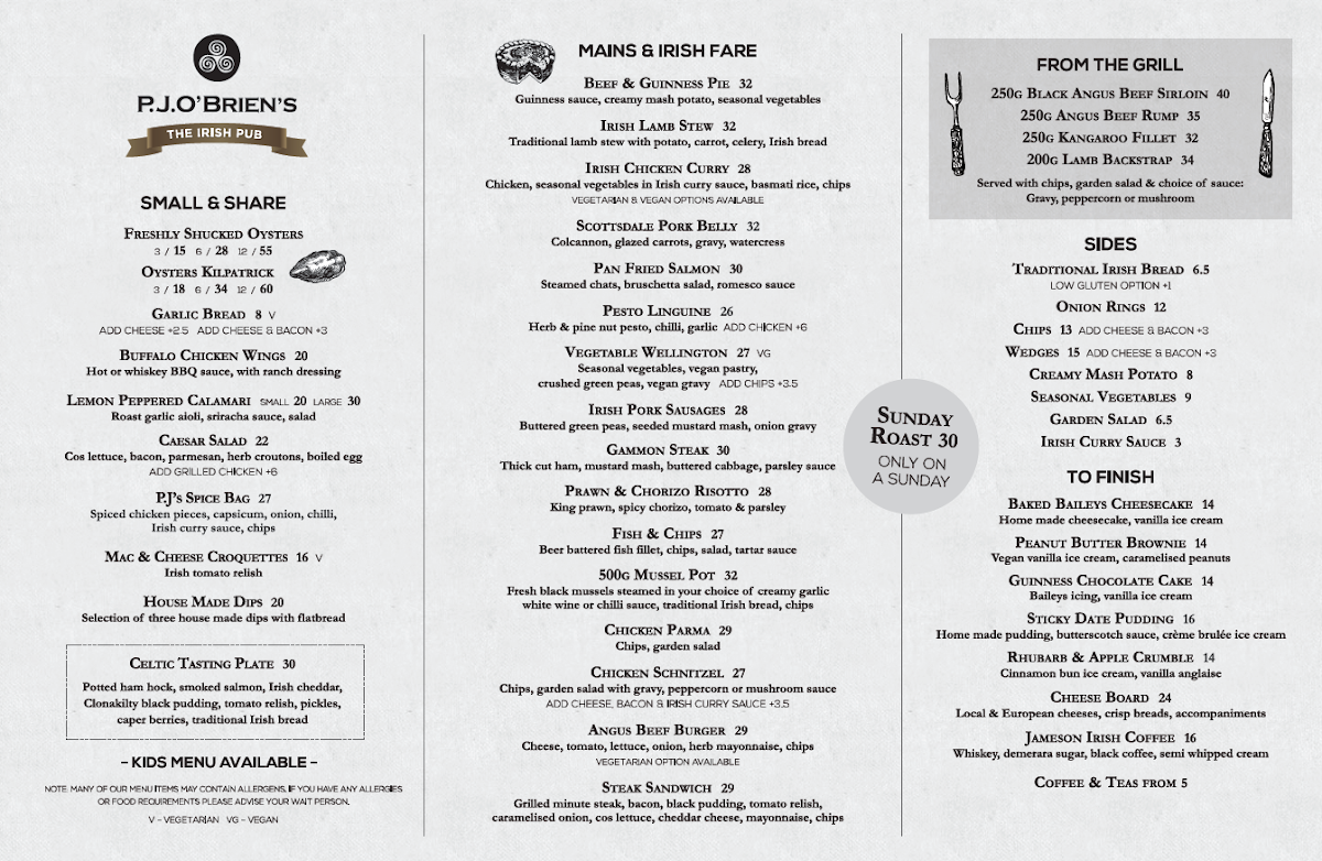 Menu, P.J.O'Brien's Irish Pub