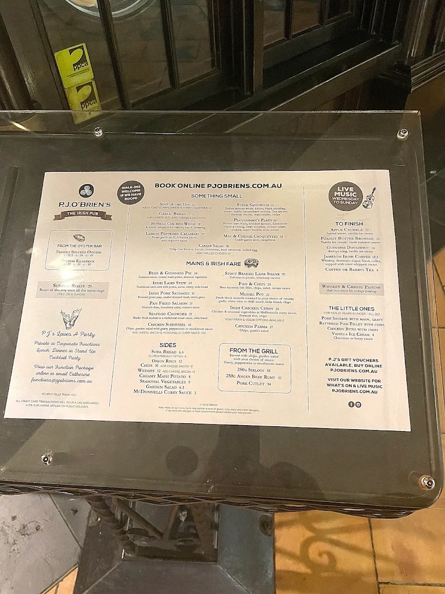 Menu, P.J.O'Brien's Irish Pub