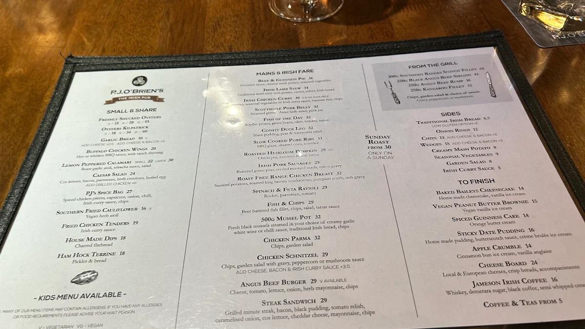 Menu, P.J.O'Brien's Irish Pub