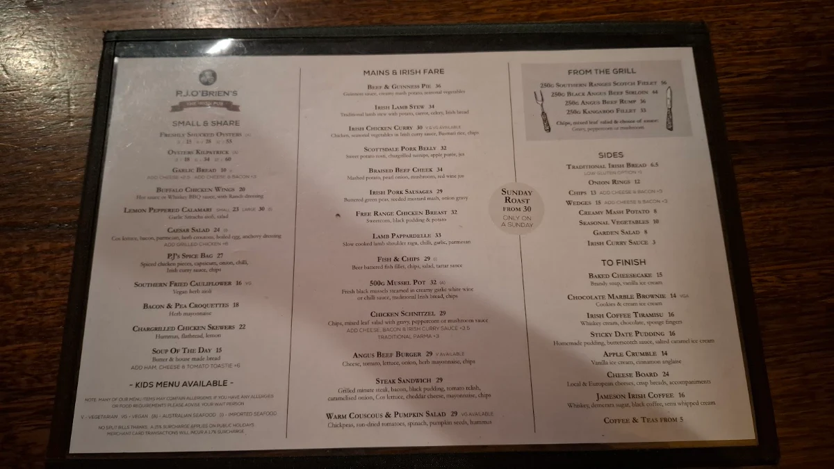 Menu, P.J.O'Brien's Irish Pub
