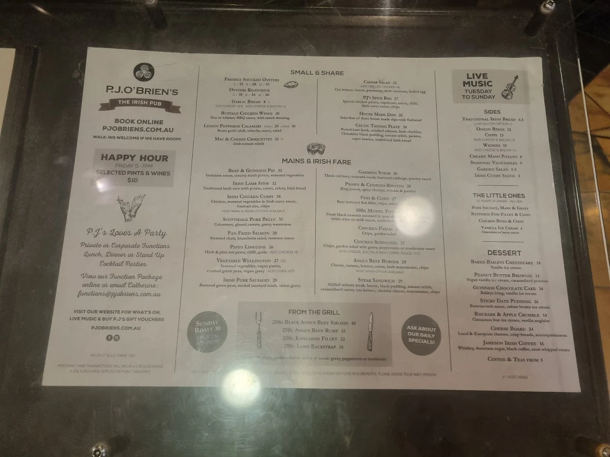 Menu, P.J.O'Brien's Irish Pub