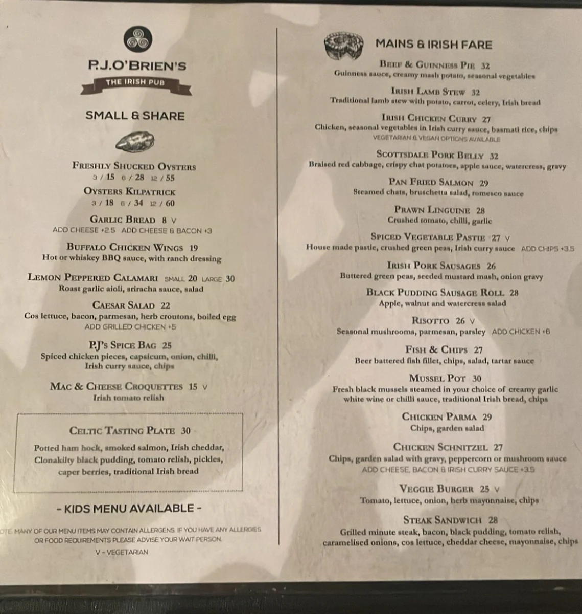 Menu, P.J.O'Brien's Irish Pub