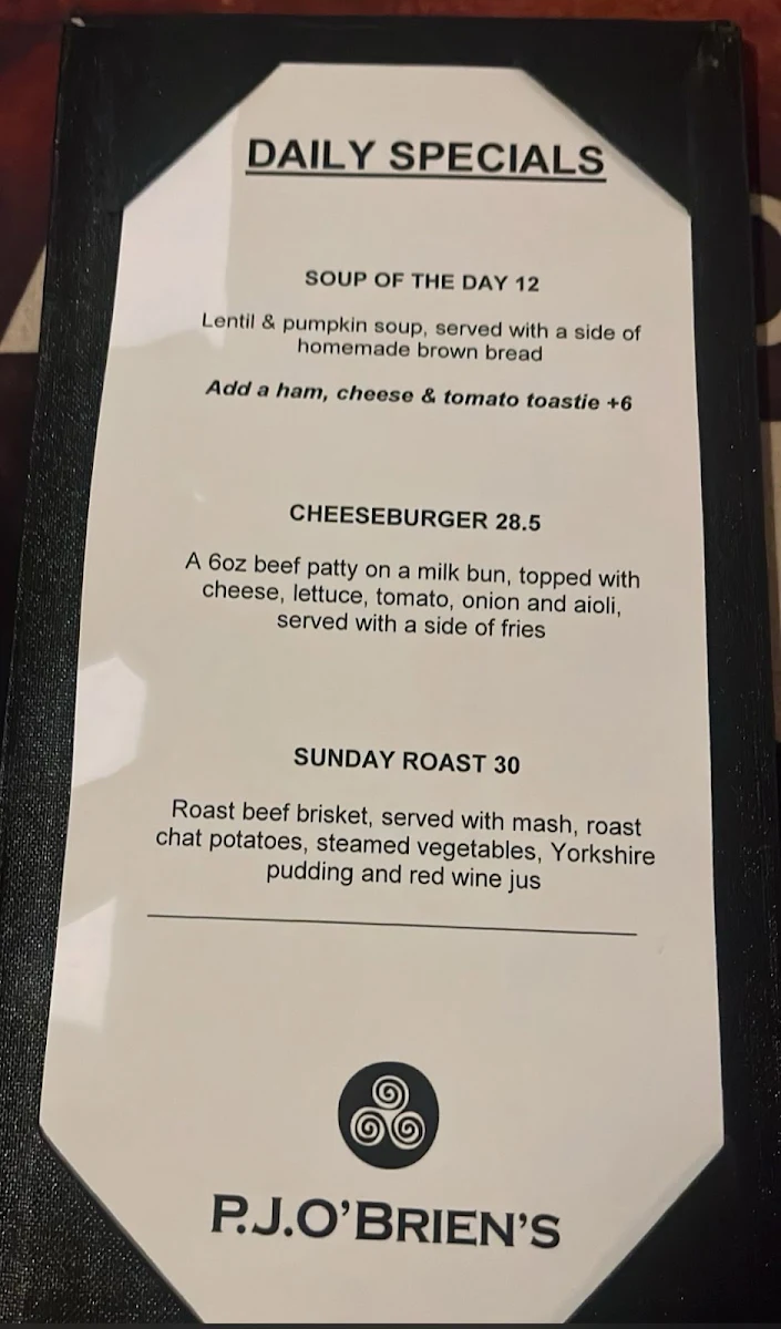 Menu, P.J.O'Brien's Irish Pub