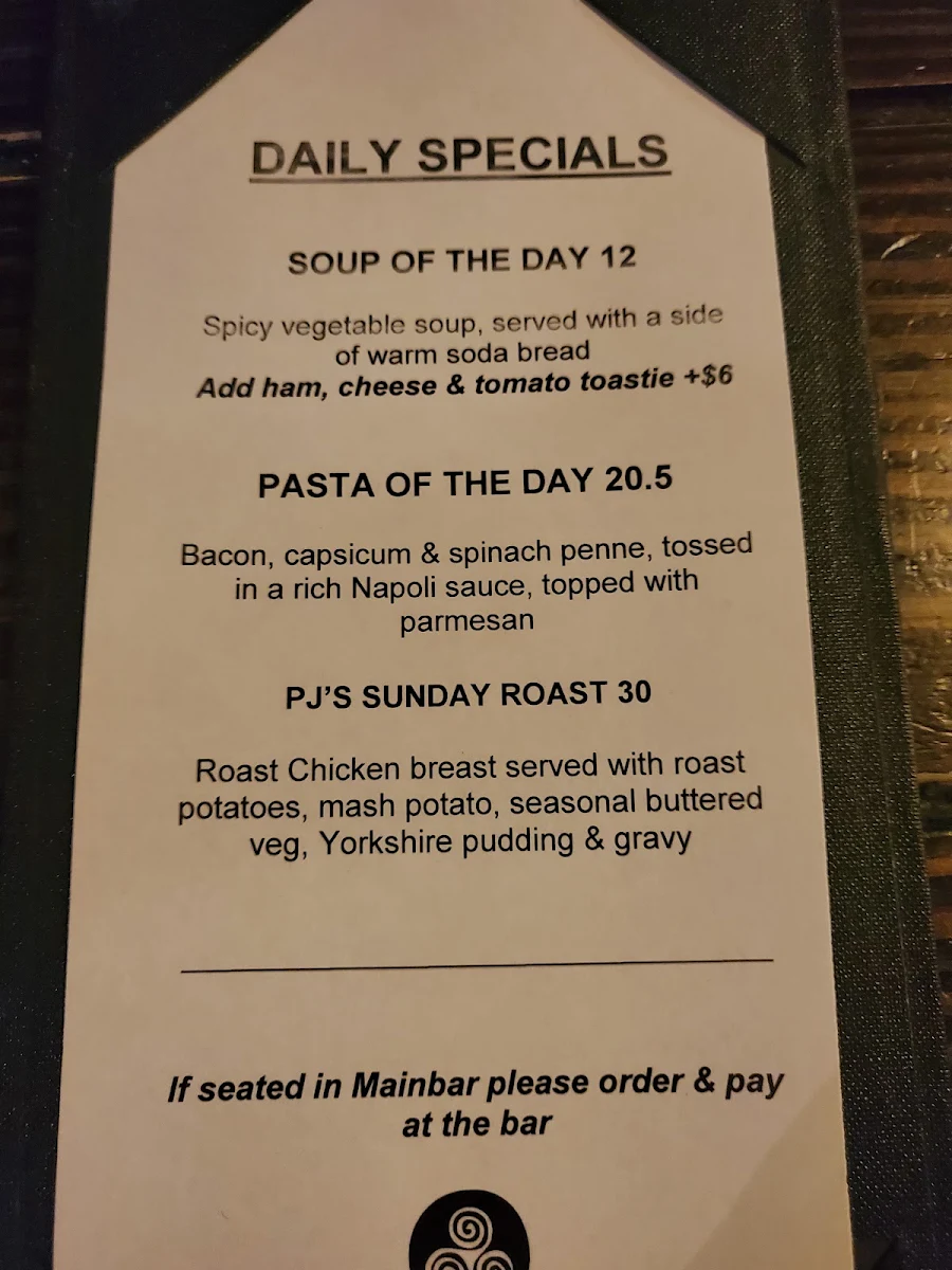 Menu, P.J.O'Brien's Irish Pub