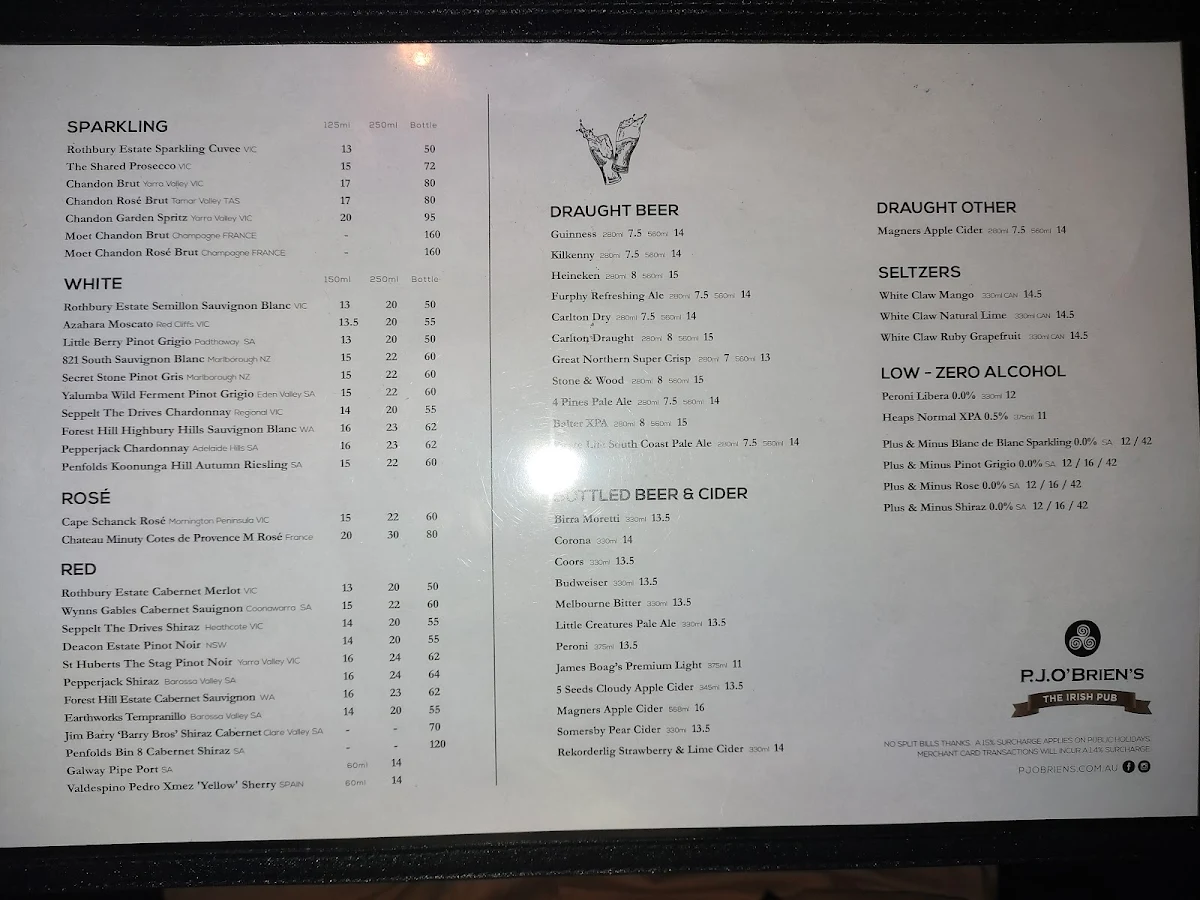 Menu, P.J.O'Brien's Irish Pub