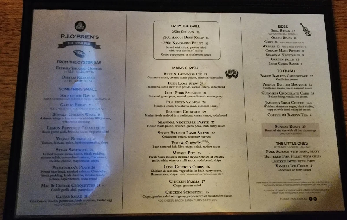 Menu, P.J.O'Brien's Irish Pub