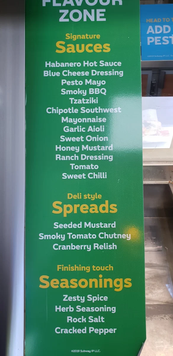 Menu, Subway
