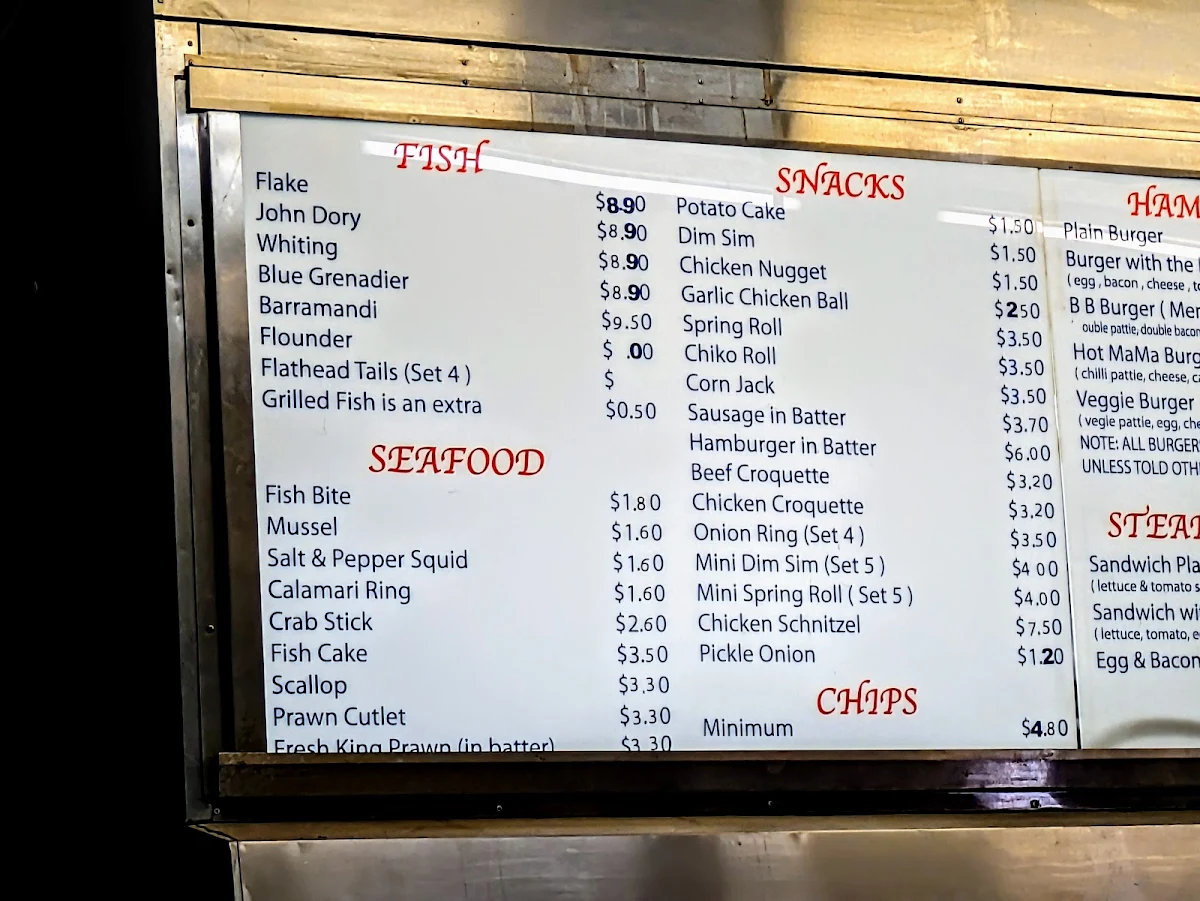 Menu, Menzies Fish & Chips