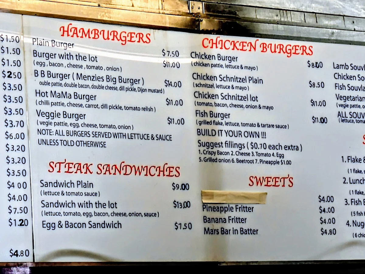 Menu, Menzies Fish & Chips