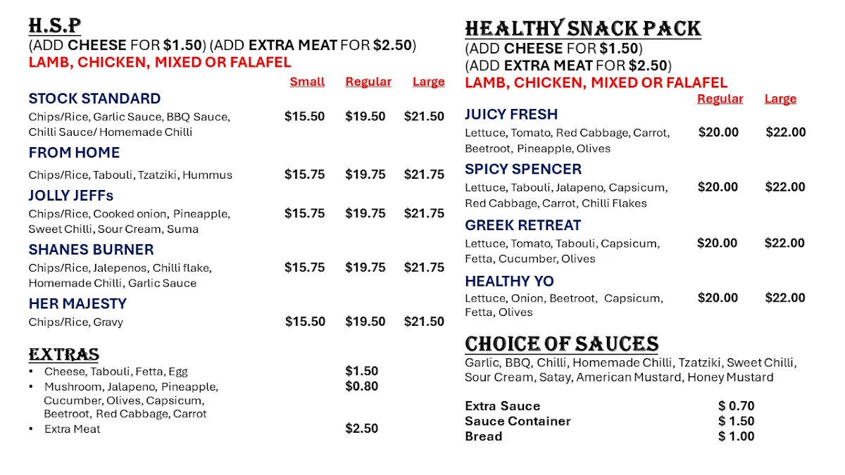 Menu, Wot A Kebab Diamond Creek (Kebab & HSP)