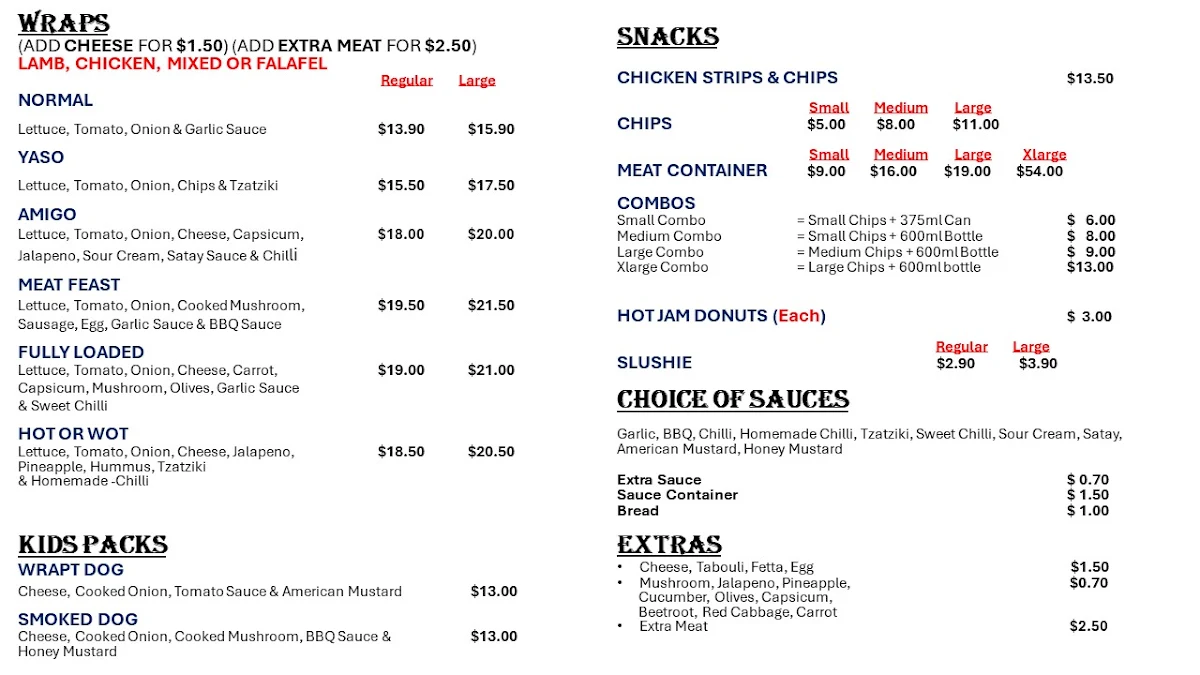 Menu, Wot A Kebab Diamond Creek (Kebab & HSP)