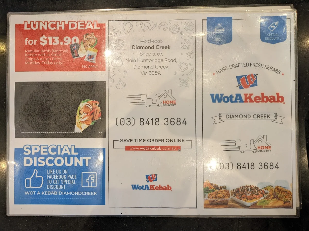 Menu, Wot A Kebab Diamond Creek (Kebab & HSP)