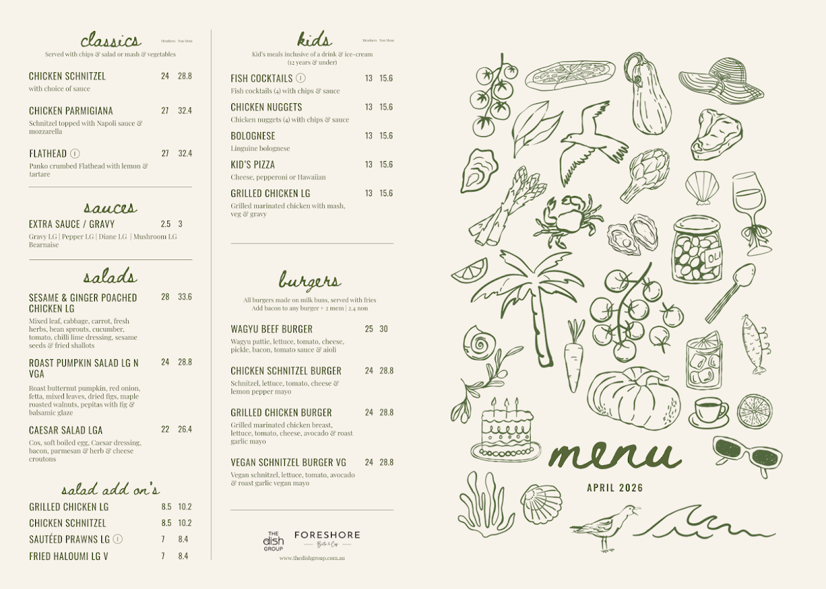 Menu, Foreshore Bistro