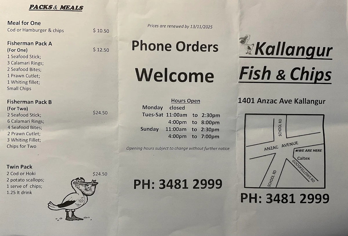 Menu, Kallangur Fish and Chips