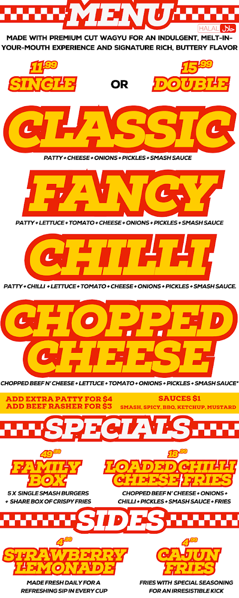 Menu, SMASH Burger Club x SLAPPIN’ Hot Chicken