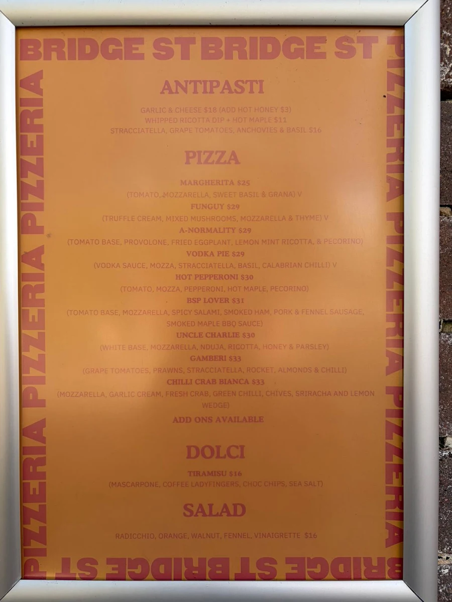 Menu, BSP’ERIA Penshurst