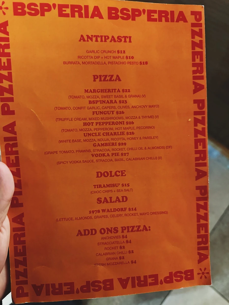 Menu, BSP’ERIA Penshurst