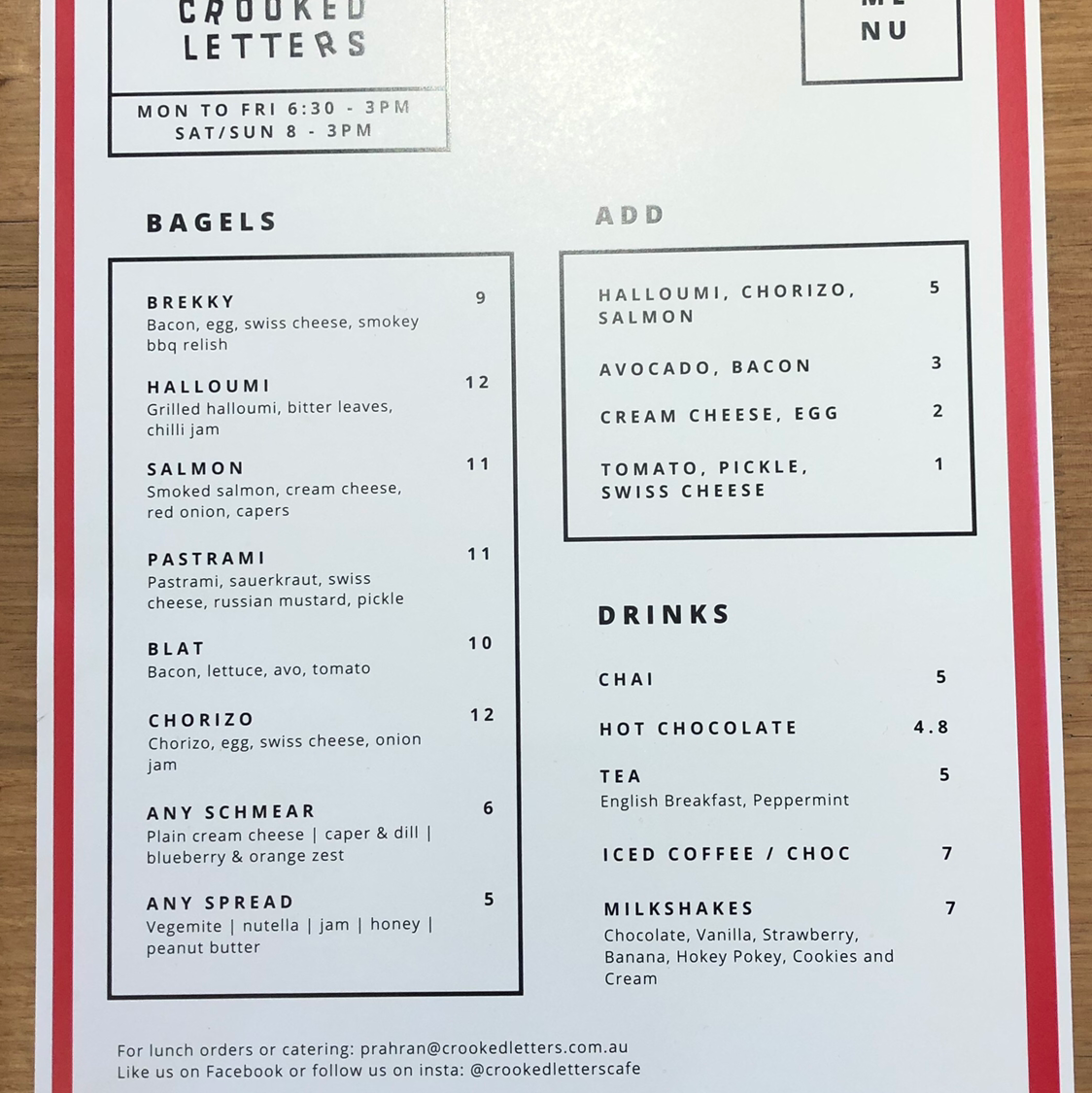 Menu, Crooked Letters