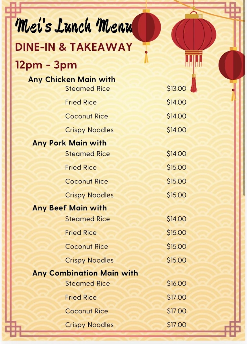 Menu, Mei’s Chinese restaurant