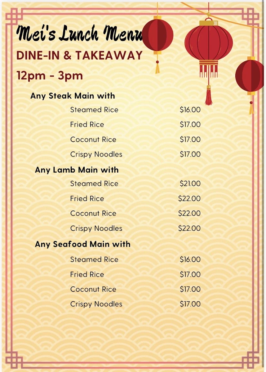 Menu, Mei’s Chinese restaurant