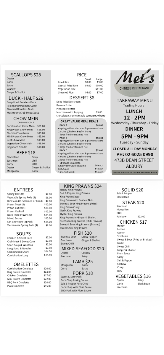 Menu, Mei’s Chinese restaurant