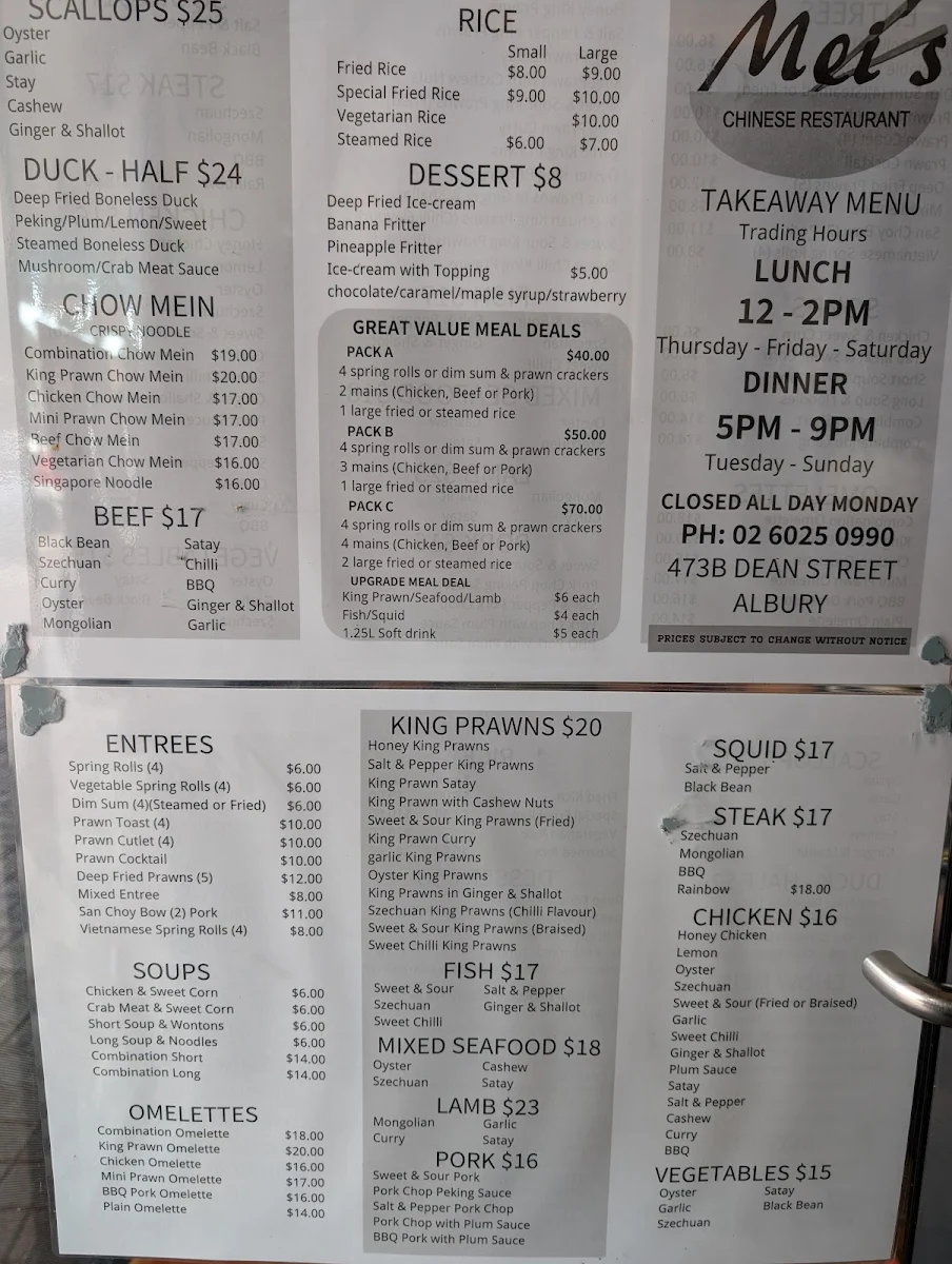 Menu, Mei’s Chinese restaurant