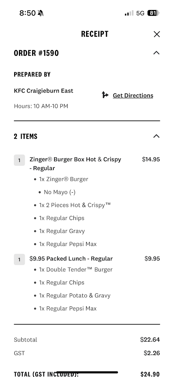 Menu, KFC Craigieburn East