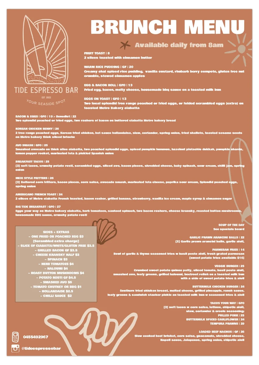 Menu, Tide Espresso Bar