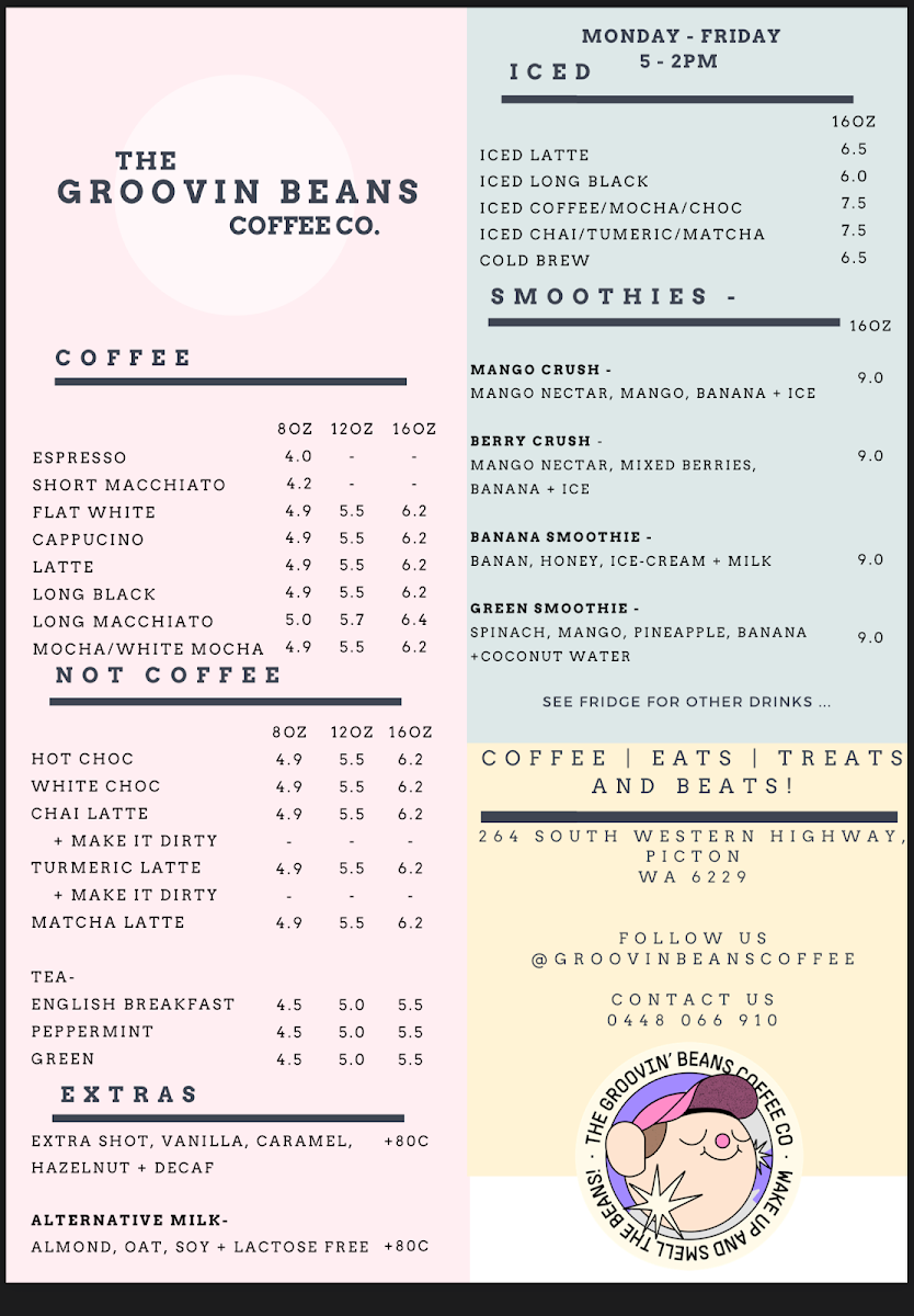 Menu, The Groovin Beans Coffee Co.