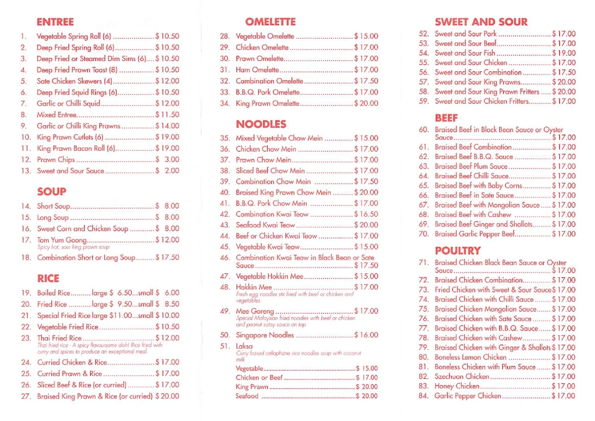 Menu, Kam Ho Chinese Take Away