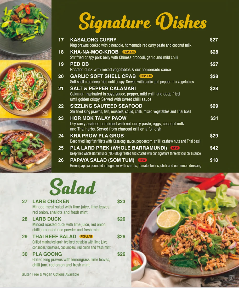 Menu, Kasalong Thai Restaurant Richmond