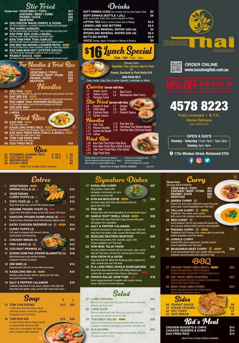 Menu, Kasalong Thai Restaurant Richmond