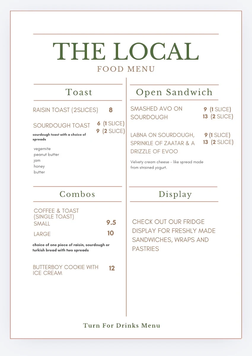 Menu, The Local Enfield
