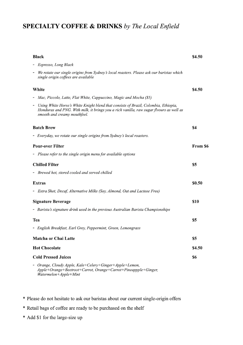 Menu, The Local Enfield