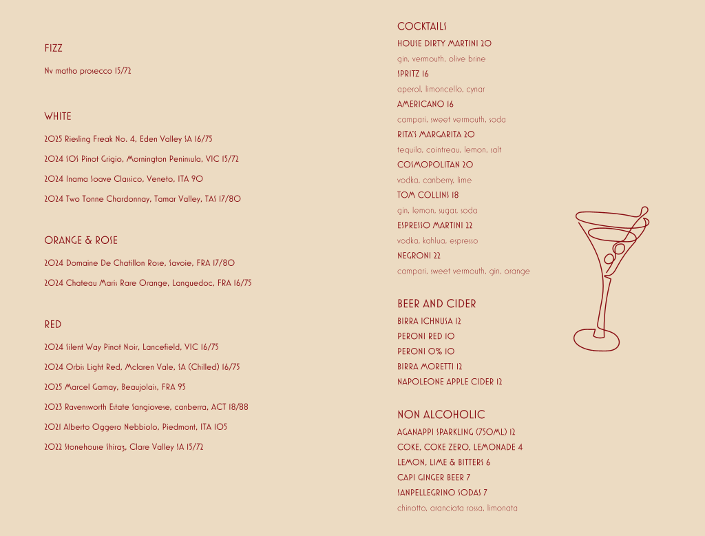 Menu, Rita's Abbotsford