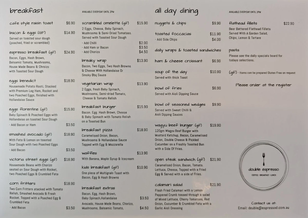 Menu, Double espresso